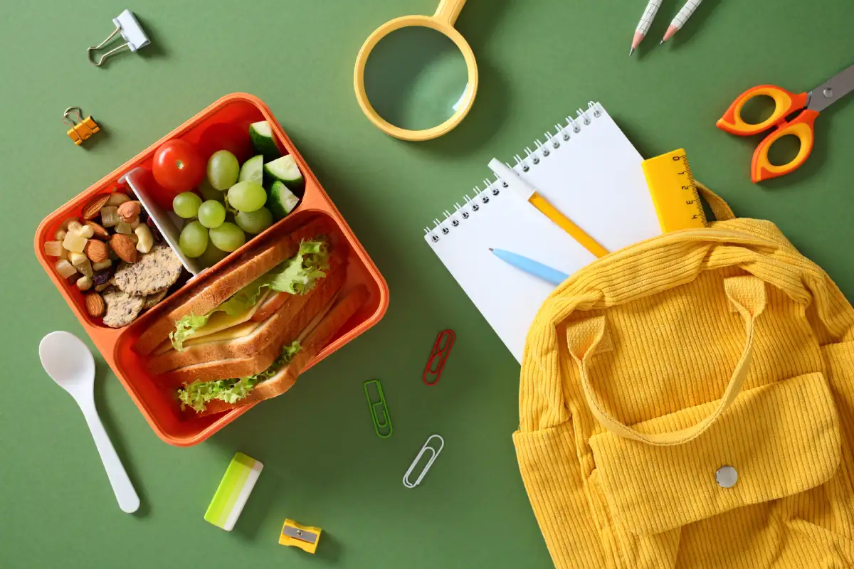 Objetos de estudiantes como mochilas, tijeras, cuadernos, loncheras, 