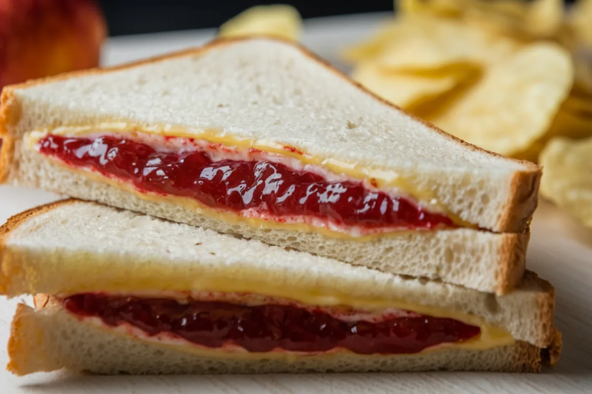 Sandwich de crema de cacahuate y mermelada partido a la mitad