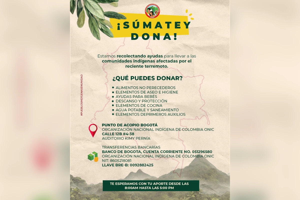 La ONIC activó la campaña ¡Súmate y Dona! #PueblosIndígenasEnUnidad con la que buscan recaudar fondos para comprar alimentos no perecederos, kits de aseo y materiales de construcción.