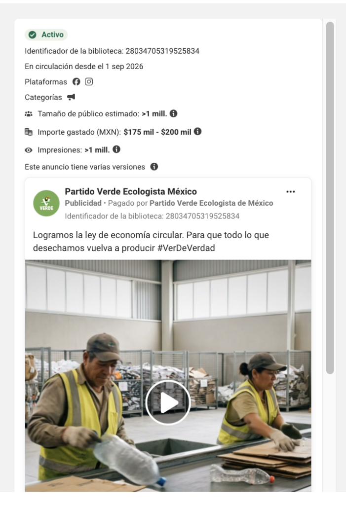 Captura de pantalla del Informe de la biblioteca de anuncios de Meta.