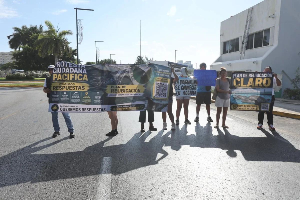 Ya son varias las manifestaciones que han hecho en Cancún por el bienestar de nueve delfines confinados en una alberca al sol. Foto: Cuartoscuro.