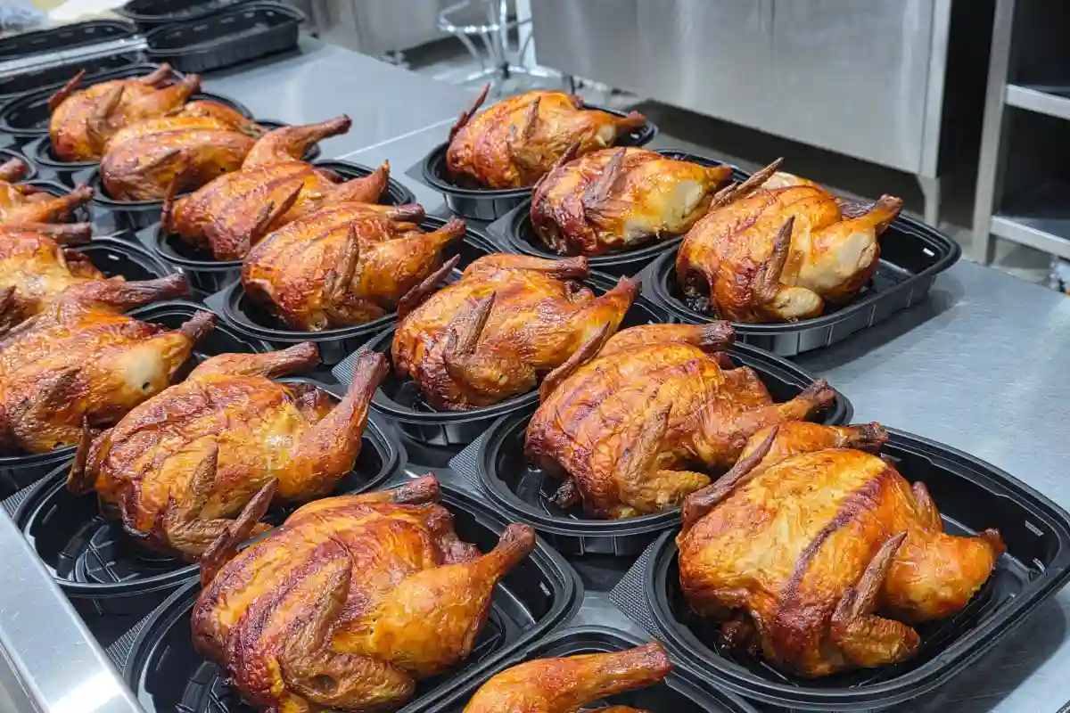 Hilera de pollos rostizados enteros