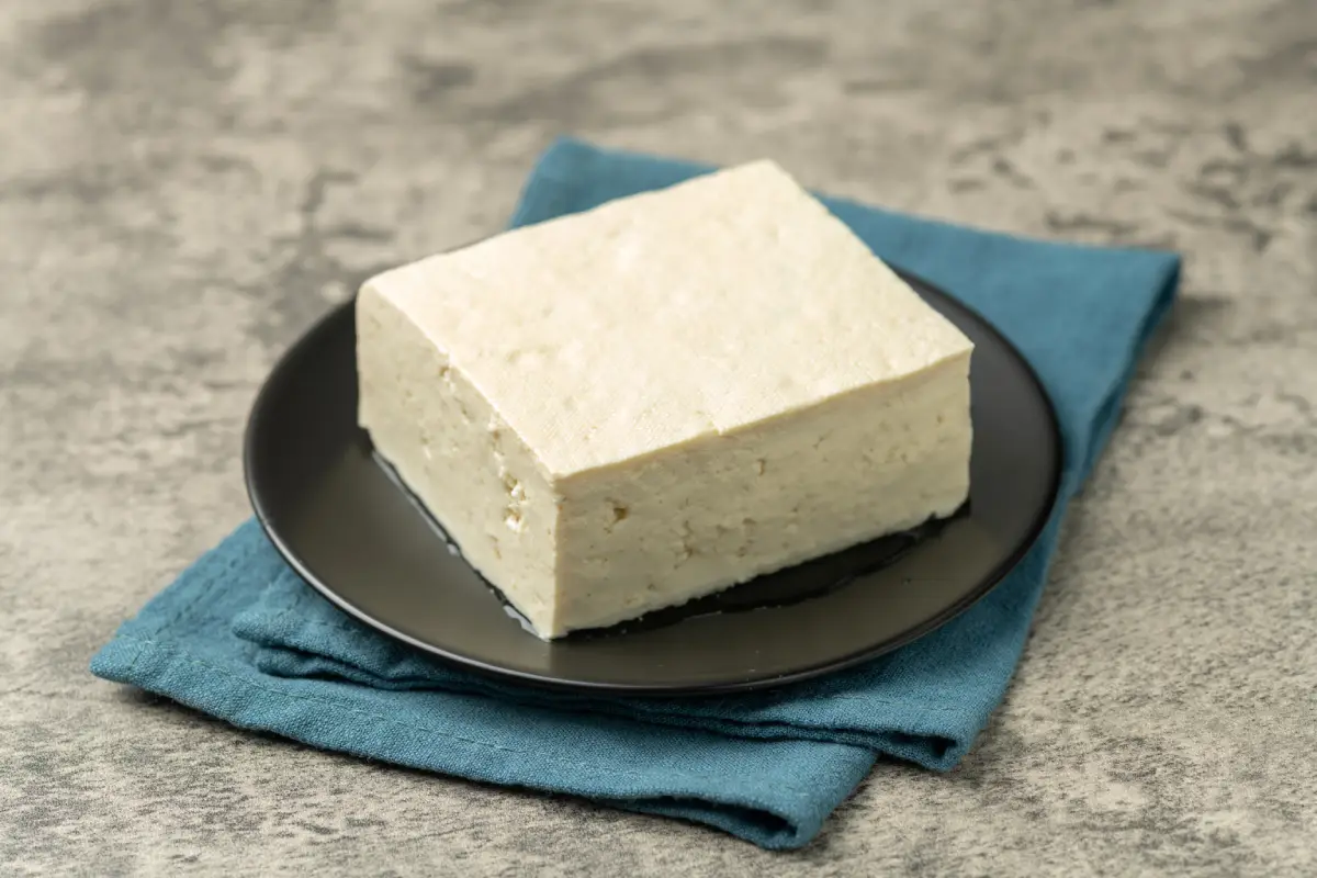 Bloque de tofu sobre un plato negro
